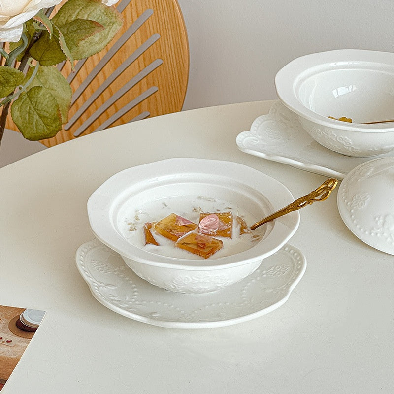 Relief Court Style Covered Bowl And Plate Set