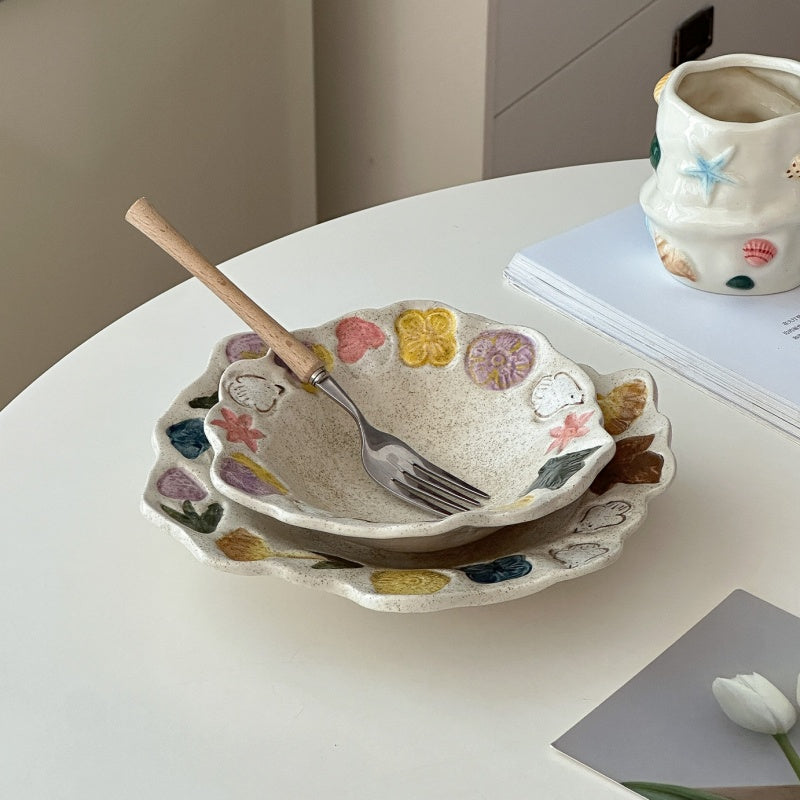 Retro Hand-Painted Underglaze Ceramic Dish Set With Bird And Flower Patterns For Dining