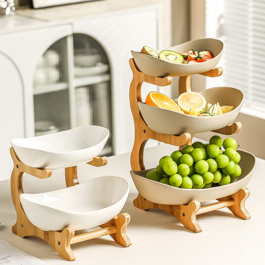 Creative multi-layer bamboo and wood frame ceramic fruit tray household snack candy tray