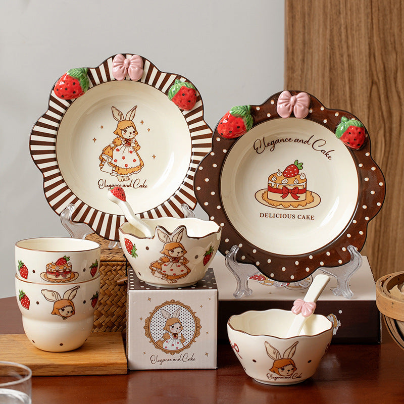 High appearance level Rabbit ceramic dish set underglaze color cutlery set