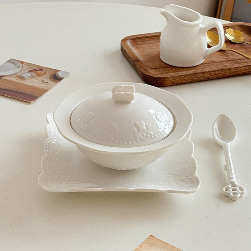 Relief Court Style Covered Bowl And Plate Set