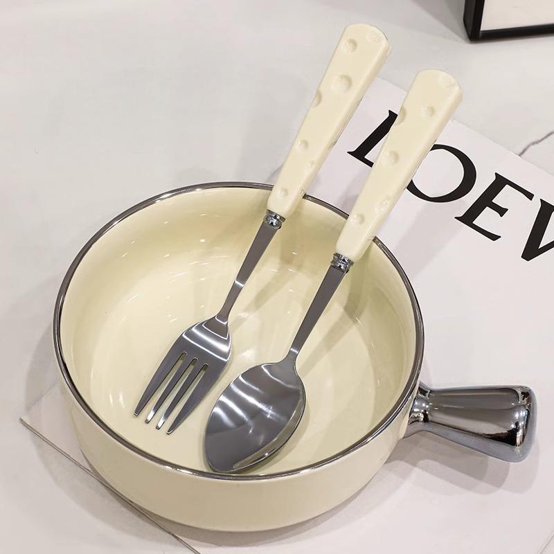 Cheese fork spoon cutlery set ceramic handle stainless steel cute light luxury deluxe Western-style two-piece set