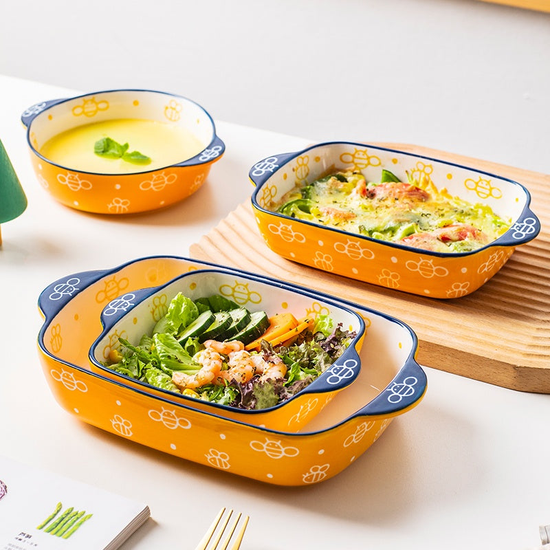 Ceramic Baking Plate, Cute Plate, Double-Ear Home Baking Plate