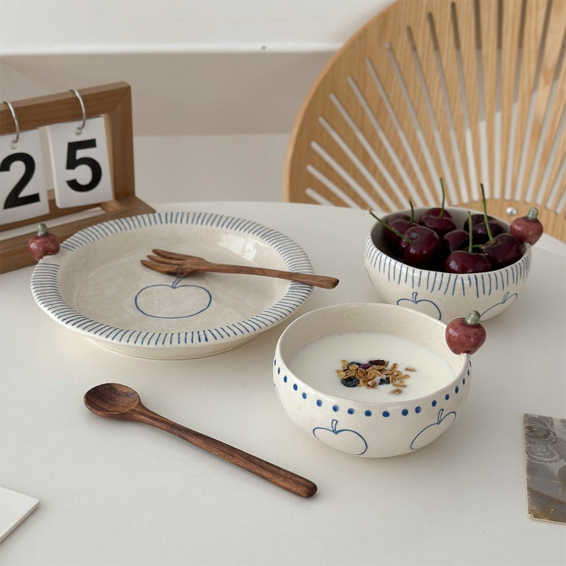 Hand-Painted Small Apple-Shaped Bowls And Plates - Rustic Pottery Tableware Set
