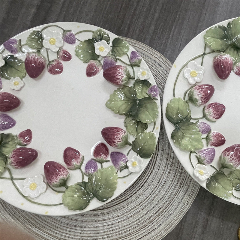Strawberry relief hand-painted ceramic plate dessert tray jewelry tray
