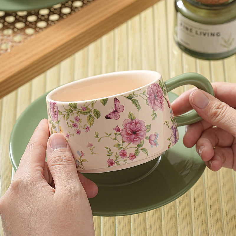 Pastoral style ceramic coffee cup and saucer set floral latte cup high appearance level afternoon tea cup