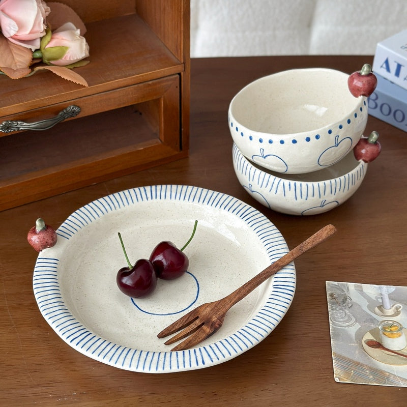 Hand-Painted Small Apple-Shaped Bowls And Plates - Rustic Pottery Tableware Set