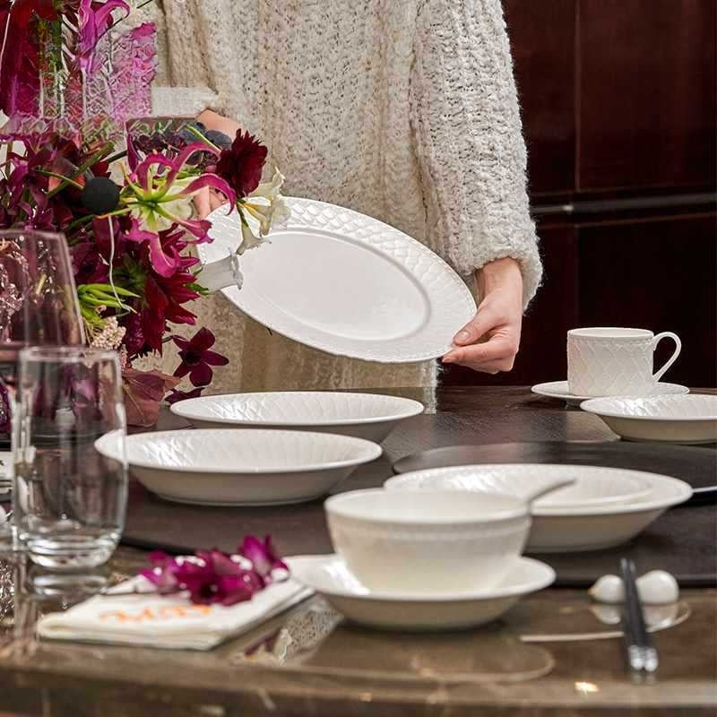 Magoronte Fontaine White Exposed Bone China French Household Tableware Bowl, Plate And Spoon Set Gift Box