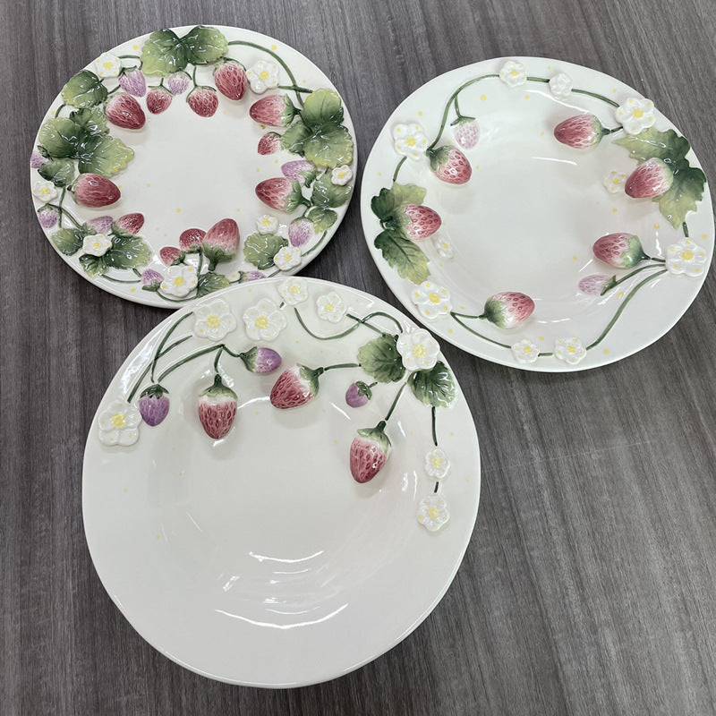 Strawberry relief hand-painted ceramic plate dessert tray jewelry tray