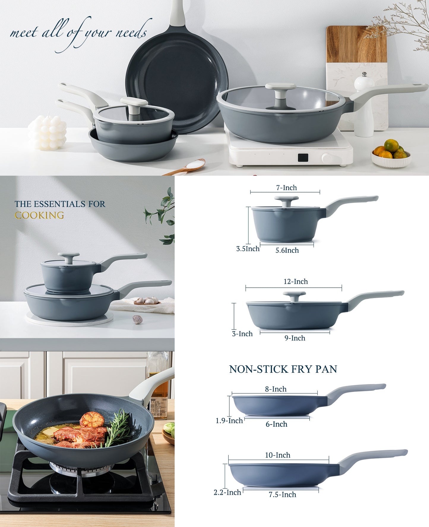 Grey Tourmaline Non-Stick Cookware Set For Home Kitchen