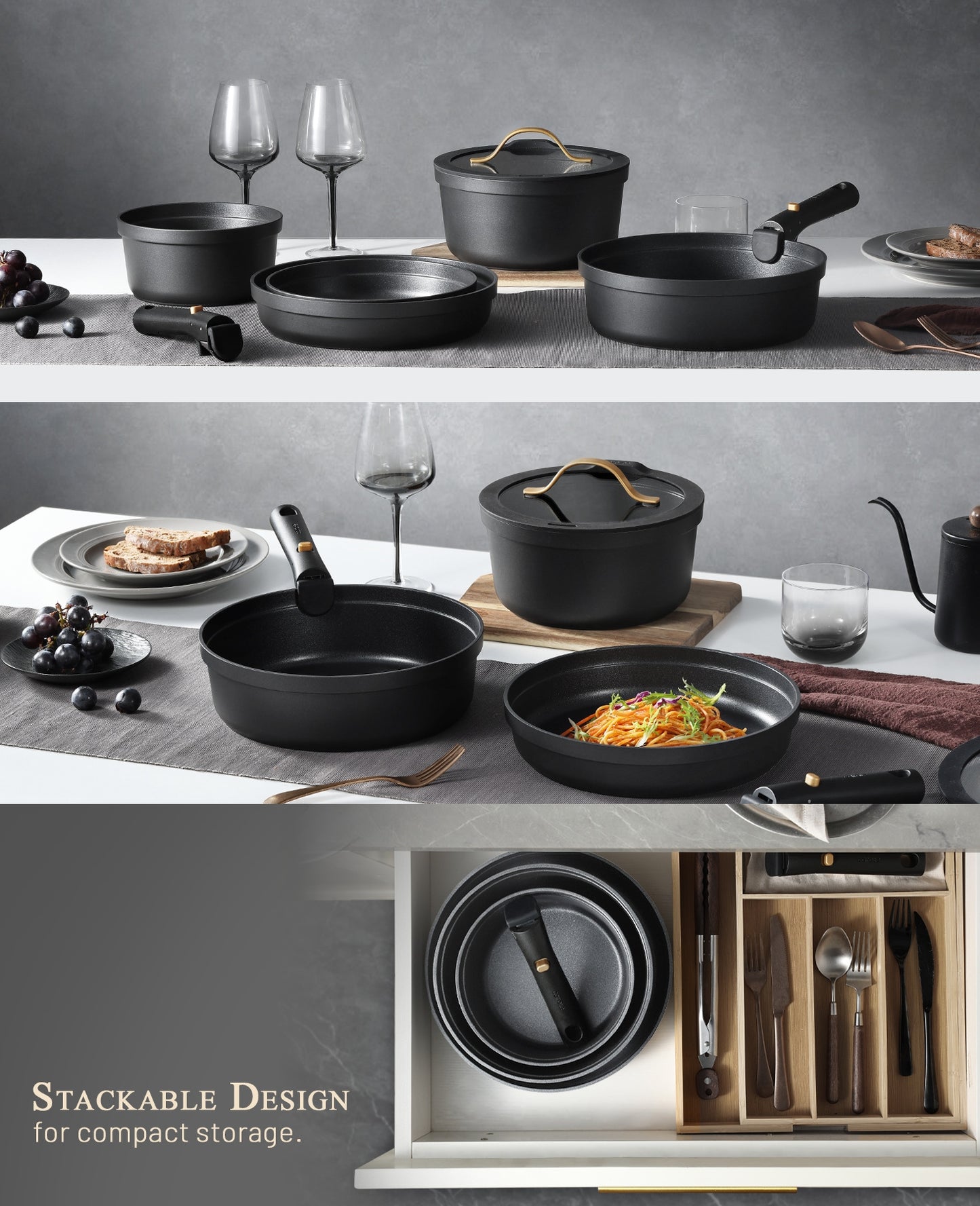 Black Detachable Handle Household Non-Stick Pan 20-Piece Set
