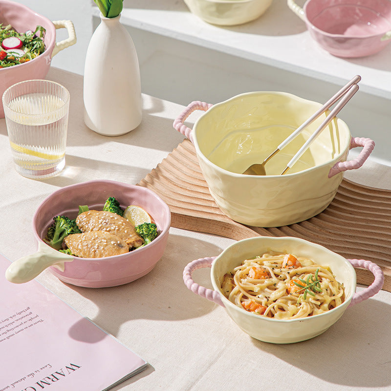 Household two-ear ceramic handle soup bowl baking bowl salad fruit bowl