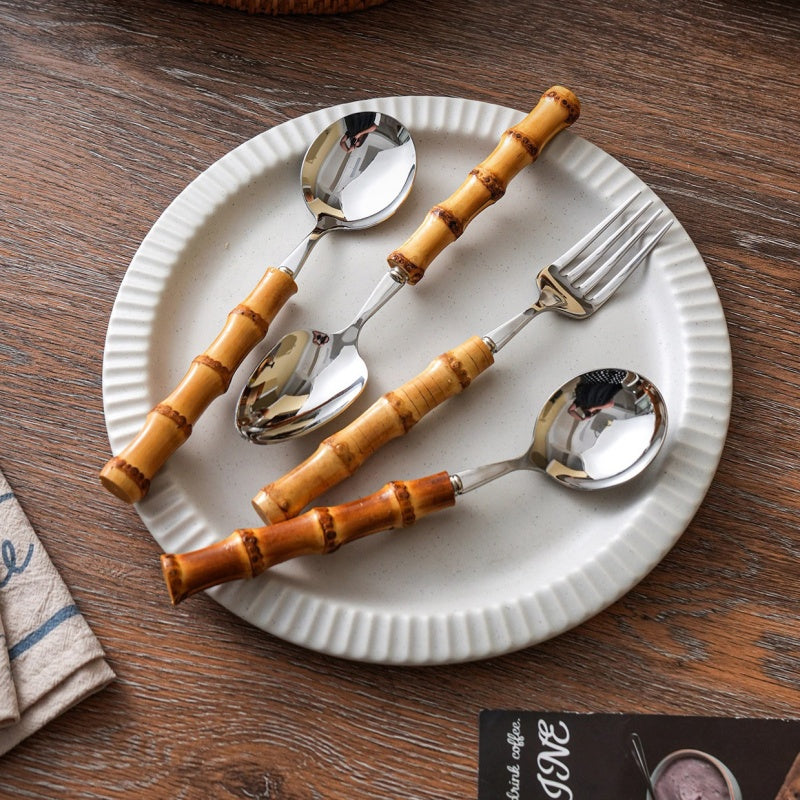 Natural Bamboo Stainless Steel Western Tableware Set
