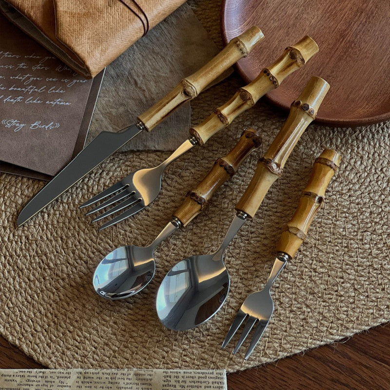 Natural Bamboo Stainless Steel Western Tableware Set