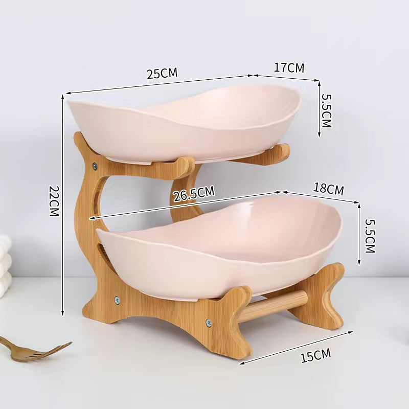 Creative multi-layer bamboo and wood frame ceramic fruit tray household snack candy tray