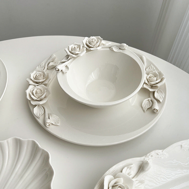 Embossed hand pinch flower bowl plate cup cutlery set home afternoon tea exquisite ceramic plate dessert plate