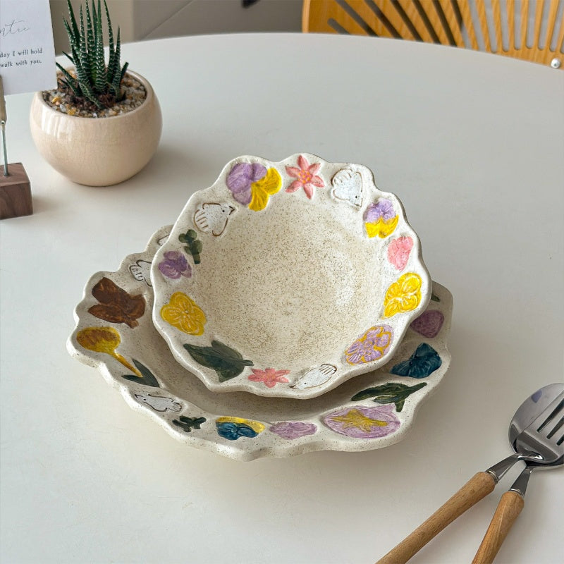 Retro Hand-Painted Underglaze Ceramic Dish Set With Bird And Flower Patterns For Dining