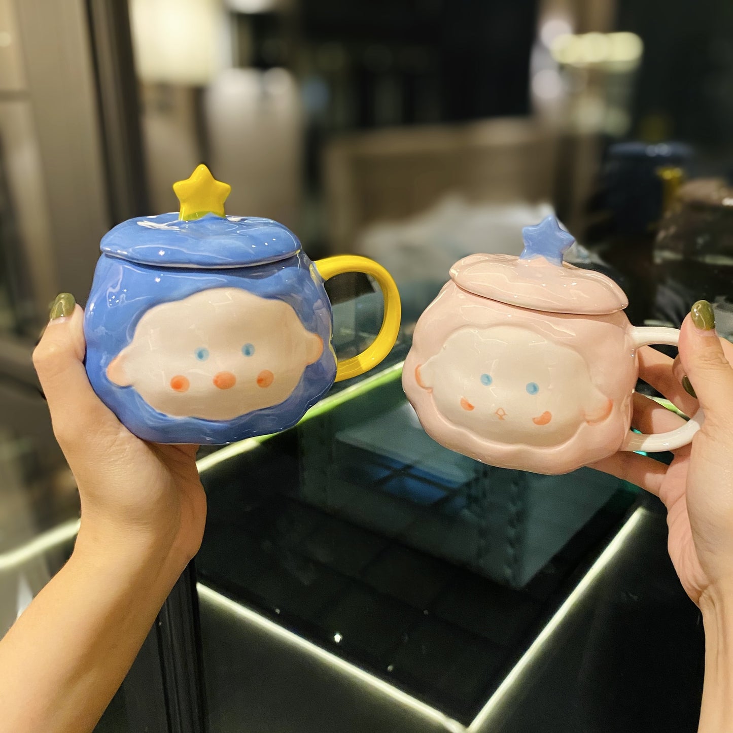 Ceramic mug with lid spoon cute cartoon home milk breakfast mug