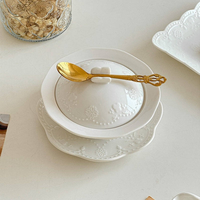 Relief Court Style Covered Bowl And Plate Set