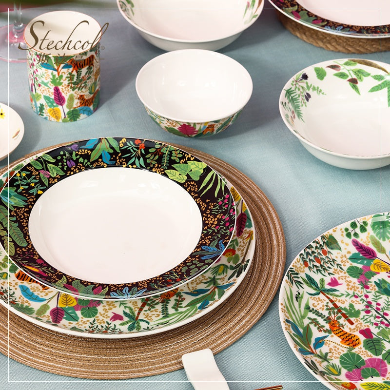 Dream Jungle Series Bone China Home Dining Plates, Bowls, Dishes And Tableware Light Luxury Set