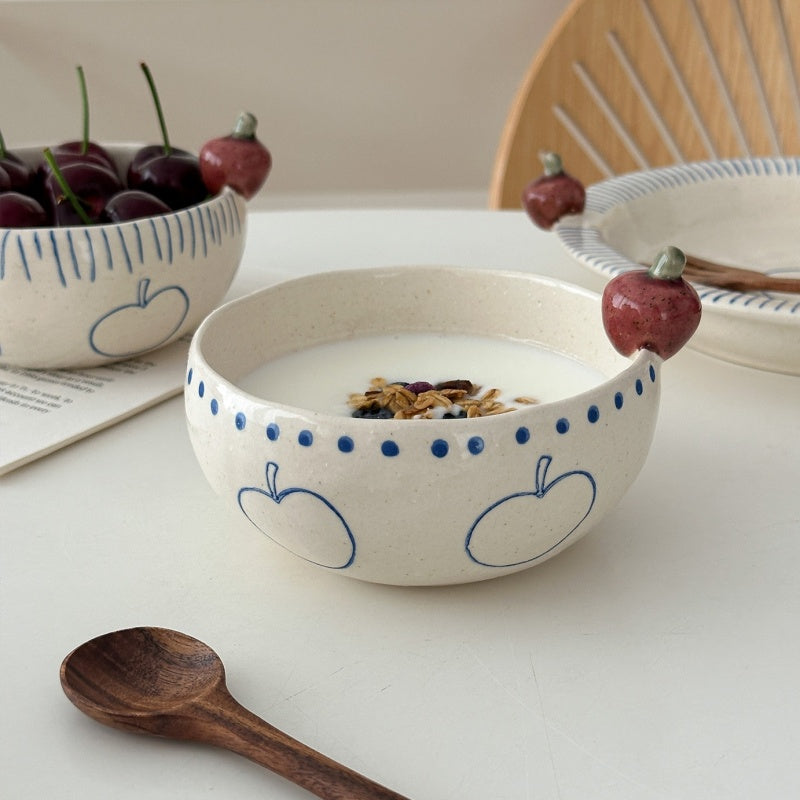 Hand-Painted Small Apple-Shaped Bowls And Plates - Rustic Pottery Tableware Set