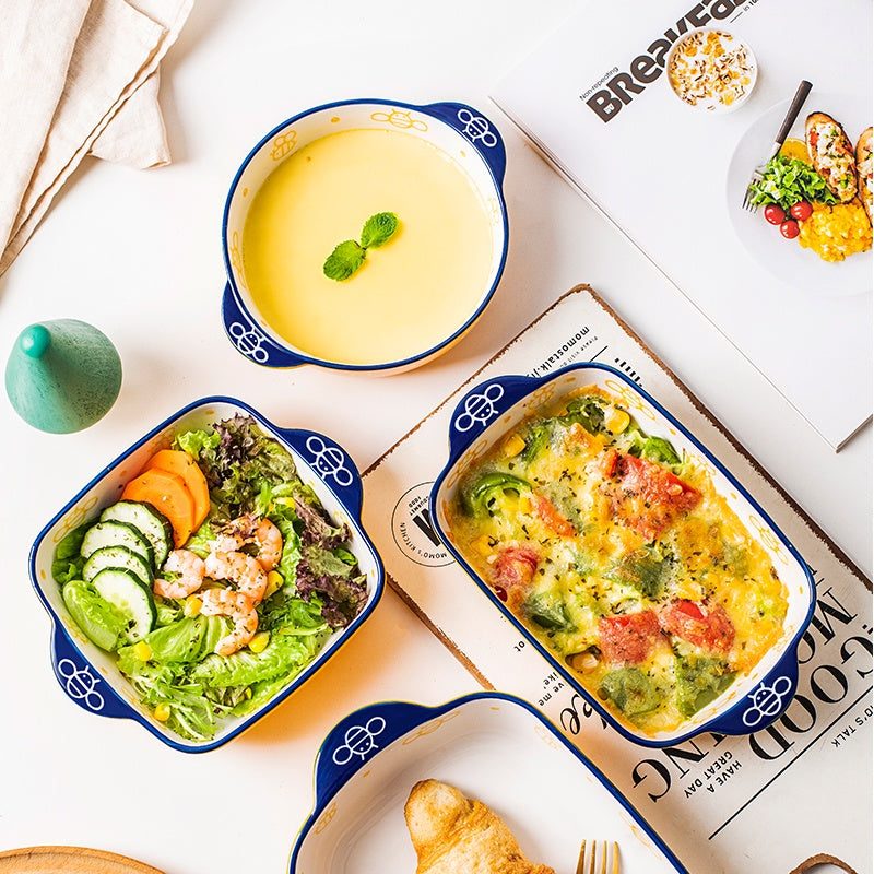 Ceramic Baking Plate, Cute Plate, Double-Ear Home Baking Plate