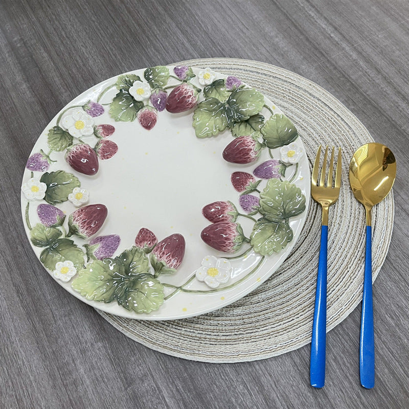Strawberry relief hand-painted ceramic plate dessert tray jewelry tray