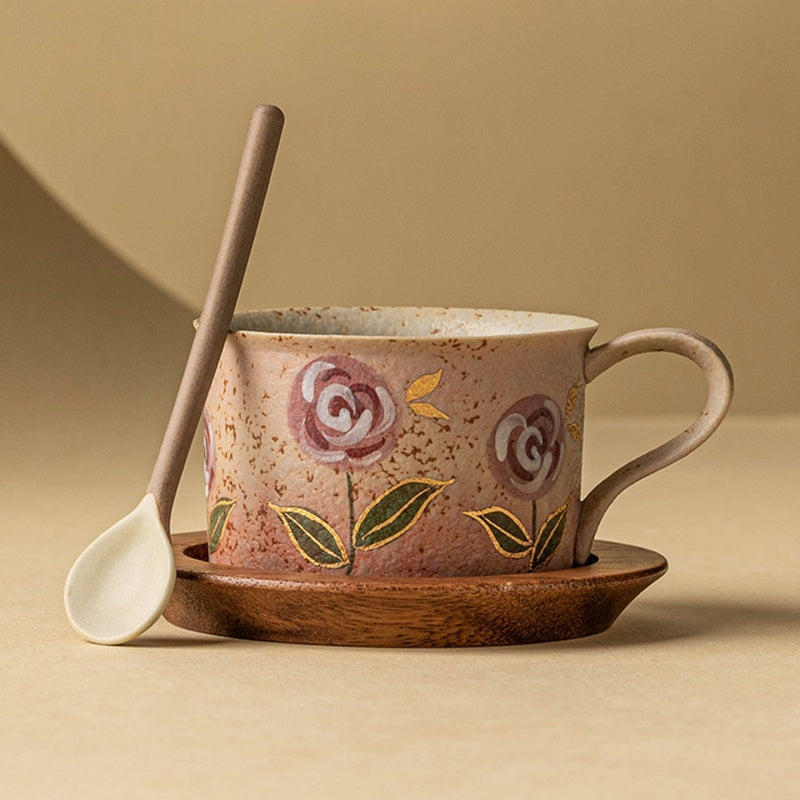 Blue And White Firestone Red Hand-Painted Gold Rose Ceramic Cup