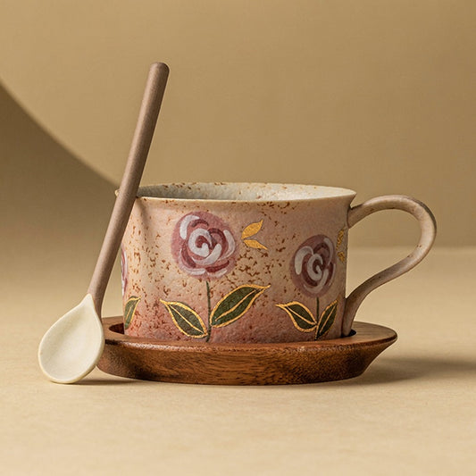 Blue And White Firestone Red Hand-Painted Gold Rose Ceramic Cup