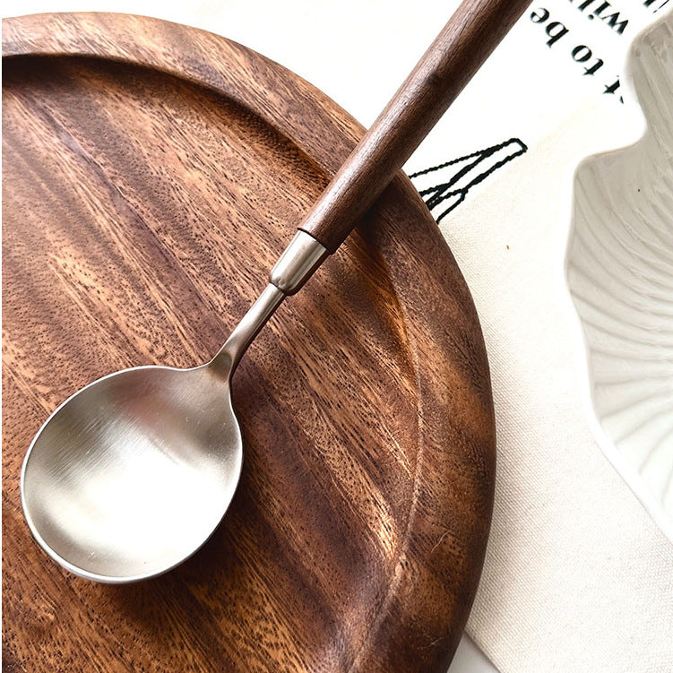 New walnut grain wooden handle western stainless steel round soup spoon