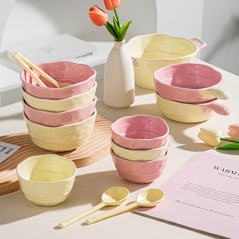 Household two-ear ceramic handle soup bowl baking bowl salad fruit bowl