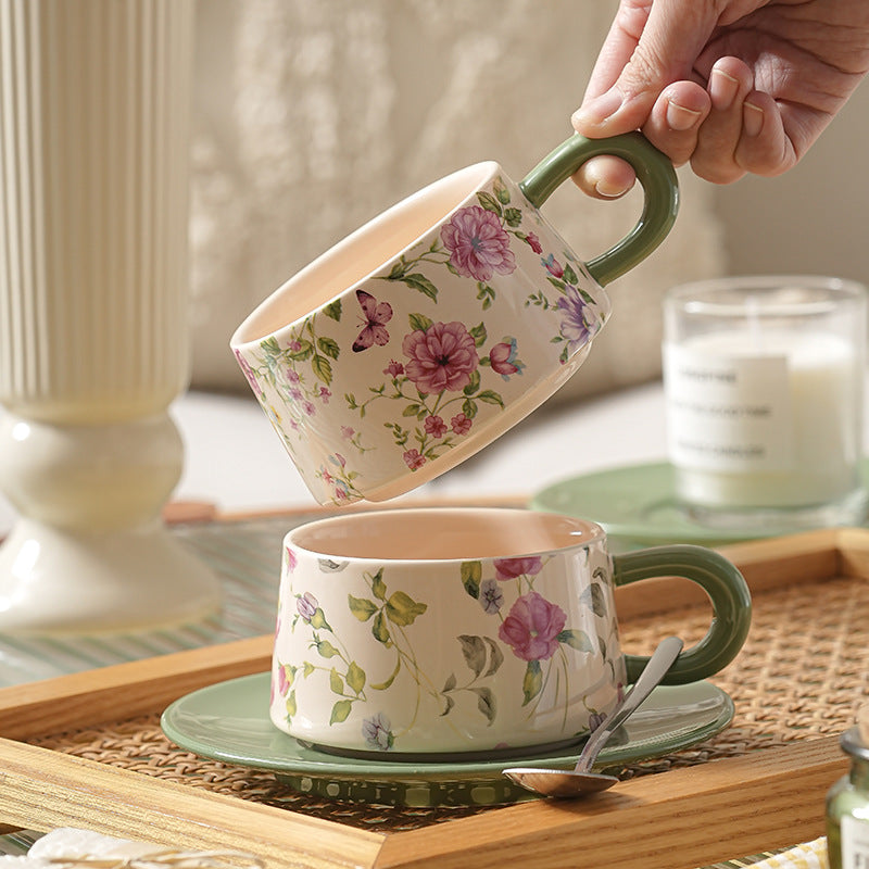Pastoral style ceramic coffee cup and saucer set floral latte cup high appearance level afternoon tea cup
