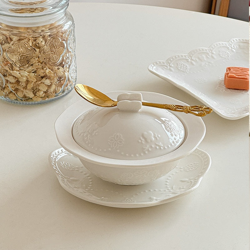 Relief Court Style Covered Bowl And Plate Set