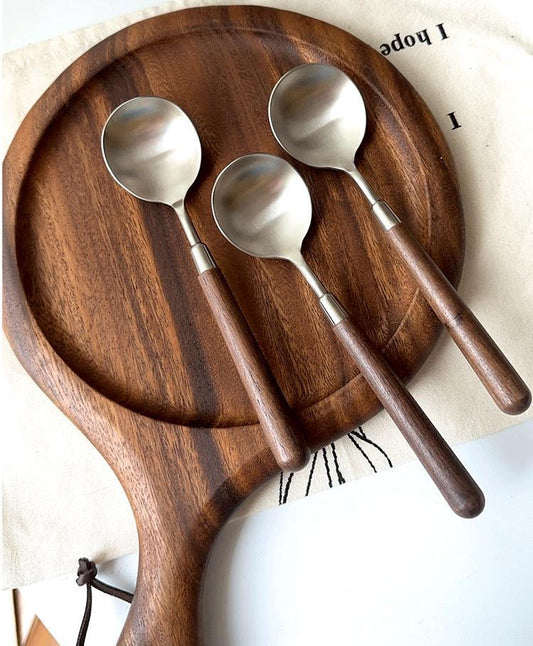 New walnut grain wooden handle western stainless steel round soup spoon