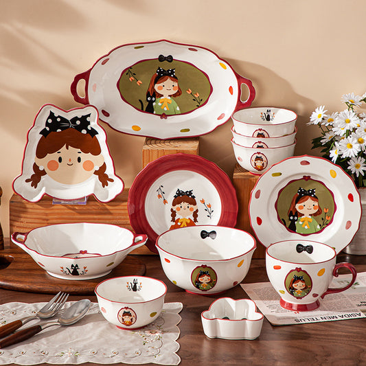 Vintage Girl Cute home underglaze color cartoon ceramic cutlery set