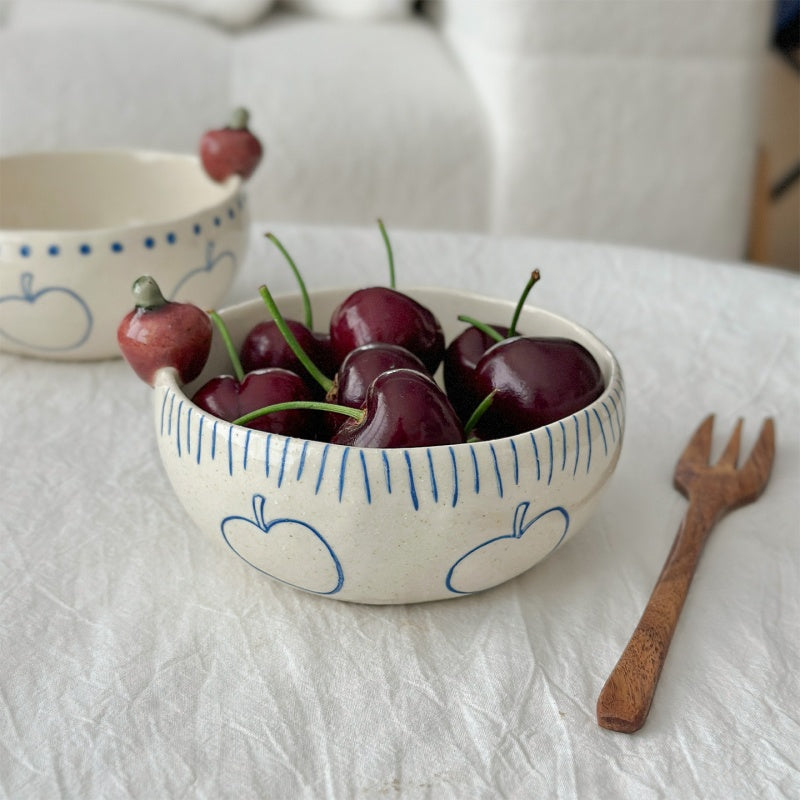 Hand-Painted Small Apple-Shaped Bowls And Plates - Rustic Pottery Tableware Set