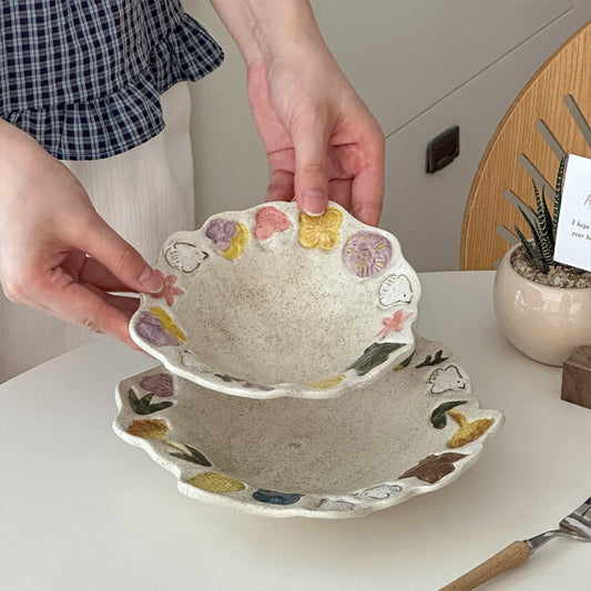 Retro Hand-Painted Underglaze Ceramic Dish Set With Bird And Flower Patterns For Dining