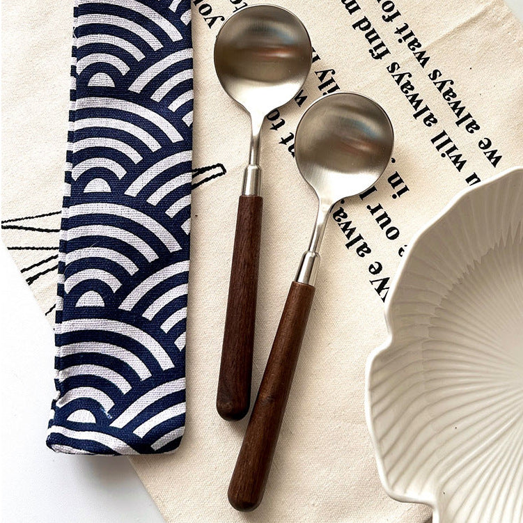 New walnut grain wooden handle western stainless steel round soup spoon