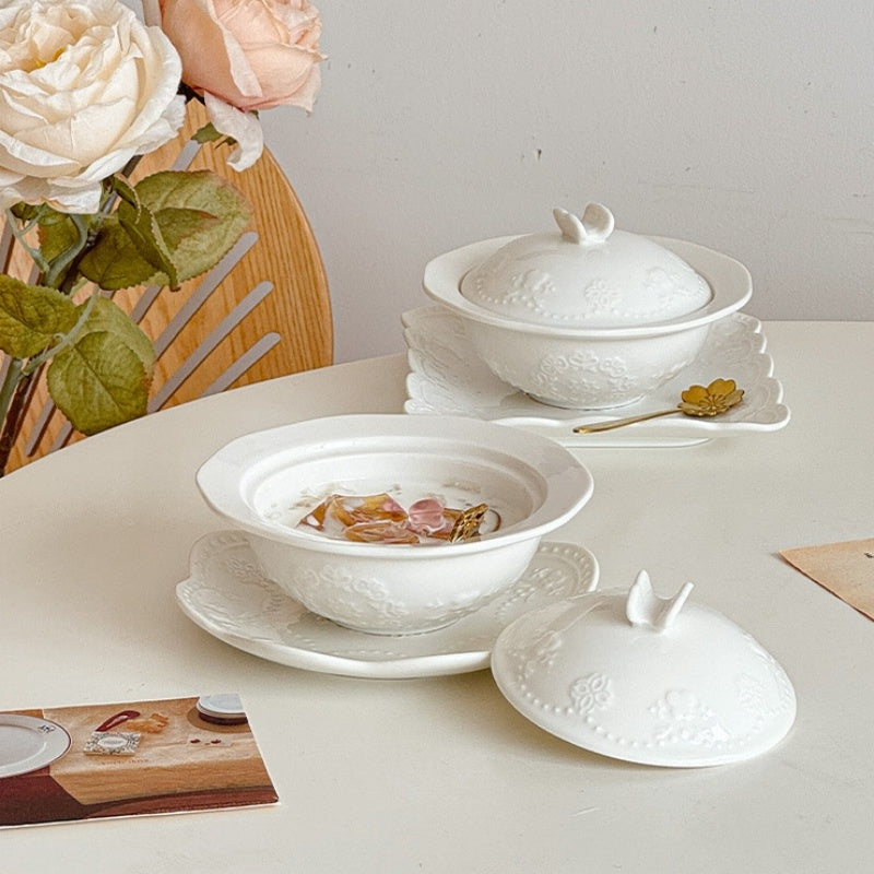 Relief Court Style Covered Bowl And Plate Set