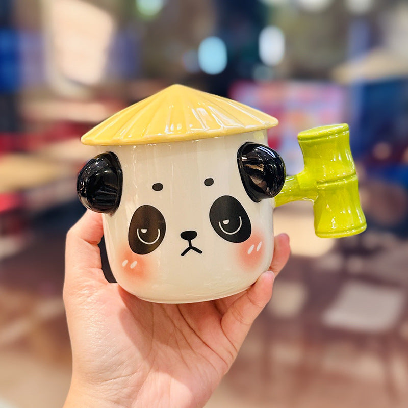 Cute ceramic panda bamboo mug with lid stereoscopic cartoon animal office water cup coffee cup with hand salute