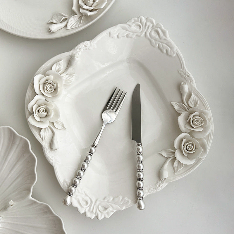 Embossed hand pinch flower bowl plate cup cutlery set home afternoon tea exquisite ceramic plate dessert plate