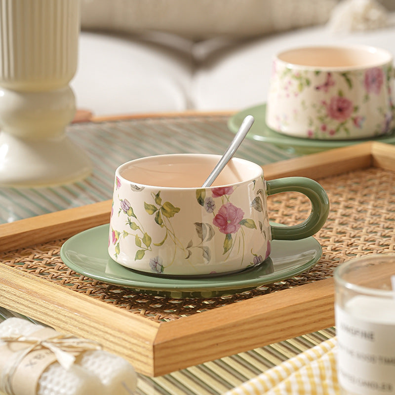 Pastoral style ceramic coffee cup and saucer set floral latte cup high appearance level afternoon tea cup