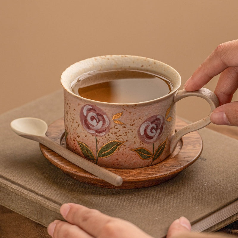 Blue And White Firestone Red Hand-Painted Gold Rose Ceramic Cup