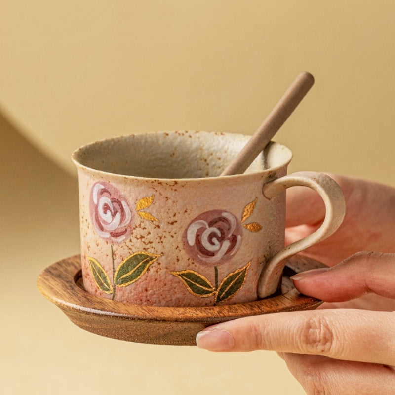 Blue And White Firestone Red Hand-Painted Gold Rose Ceramic Cup