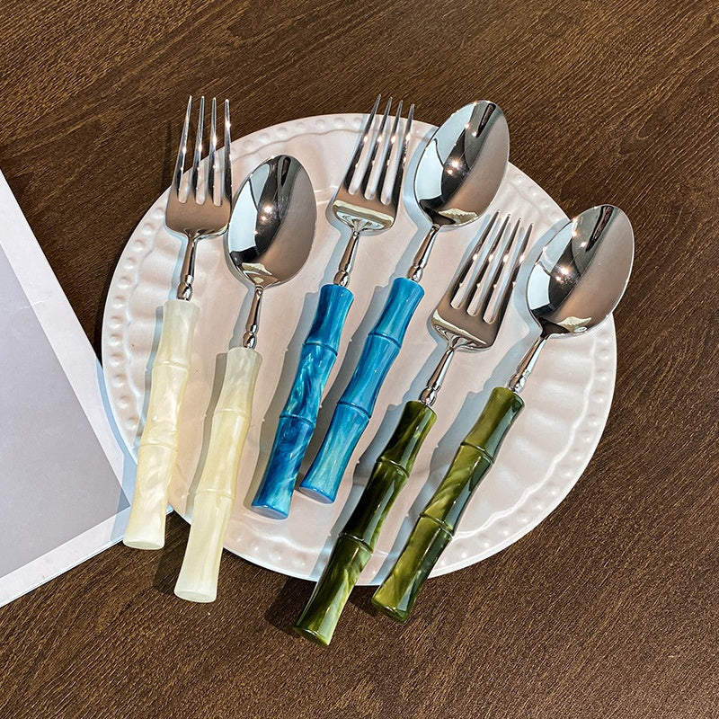 Stainless Steel Vintage Pearlescent Bamboo-Joint Handle Western Tableware Set