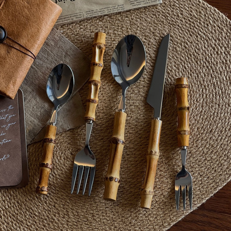 Natural Bamboo Stainless Steel Western Tableware Set