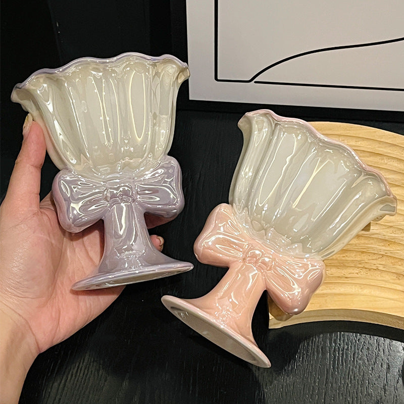 High appearance level pearl glaze bow ice cream ceramic goblet creative design sense home drinking cup