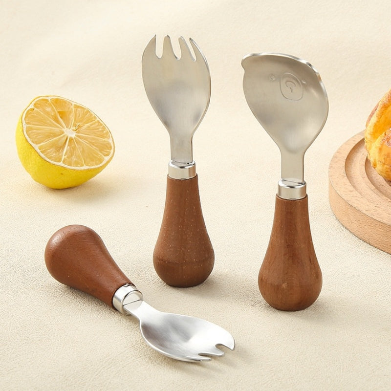 Cute Wooden Handle Stainless Steel Bear Tableware For Children