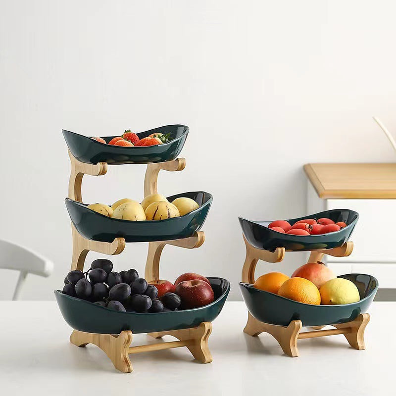 Creative multi-layer bamboo and wood frame ceramic fruit tray household snack candy tray