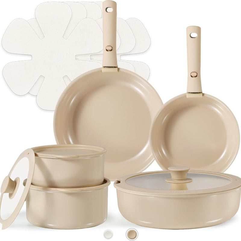 Beige Detachable Handle Universal Household Ceramic Non-Stick Pan Set